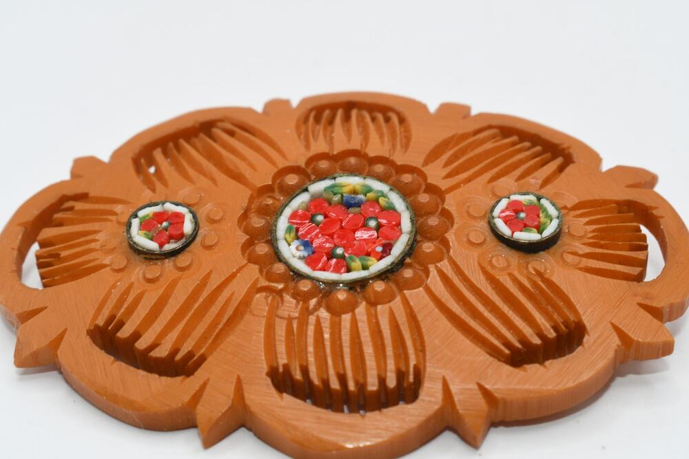 Vintage Carved Bakelite Style Micro Mosaic Brooch Floral Design 2 1/2”